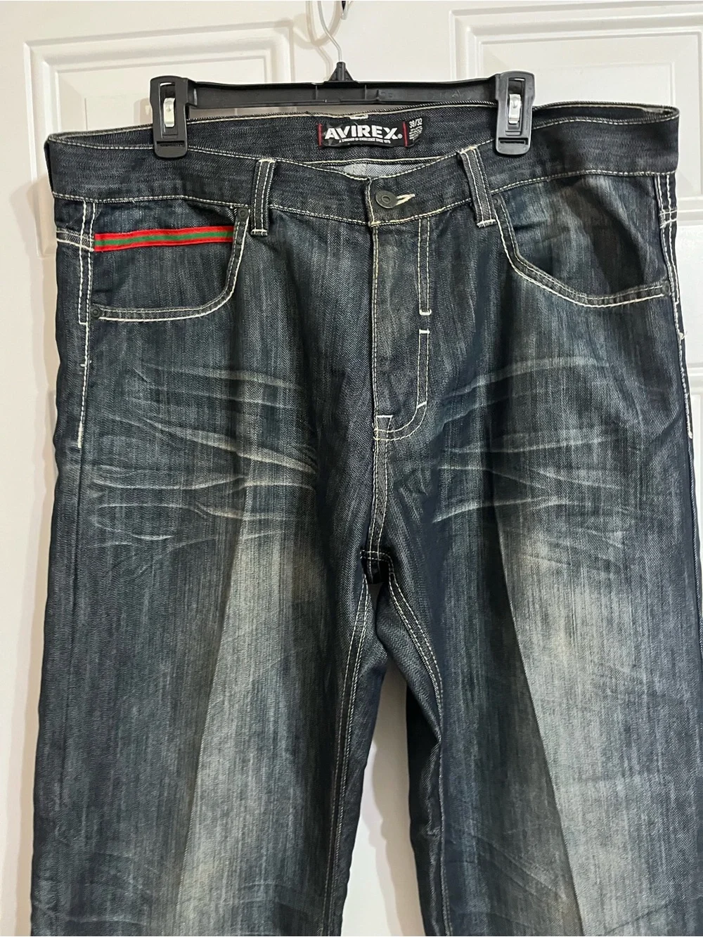 AVIREX Jeans 38x31 Blue Denim Embroidered Pocket Y2K Wide Leg Baggy Streetwear